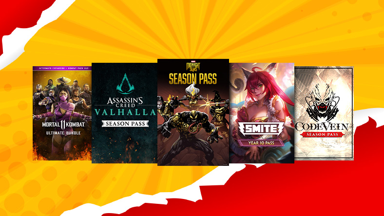 Box art from games that are part of the Season Pass Add-on Sale, including Marvel's Midnight Suns Season Pass, SMITE Year 10 Pass, and Assassin's Creed® Valhalla Season Pass.