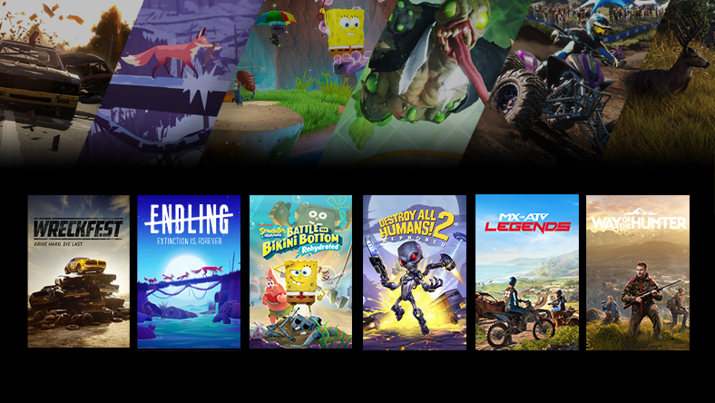 Box art from games that are part of the THQ Nordic & Handy Games Sale, including Wreckfest – Drive Hard Die Last, Endling - Extinction is Forever, and SpongeBob SquarePants: Battle for Bikini Bottom - Rehydrated.