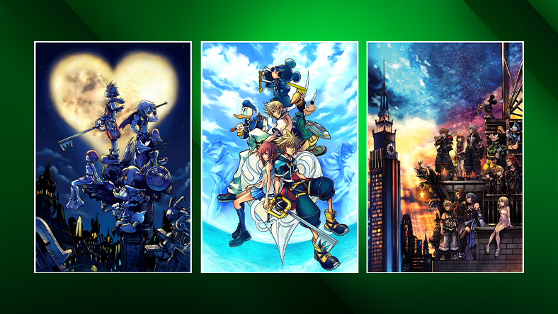 Three panels of art from the Kingdom Hearts franchise.