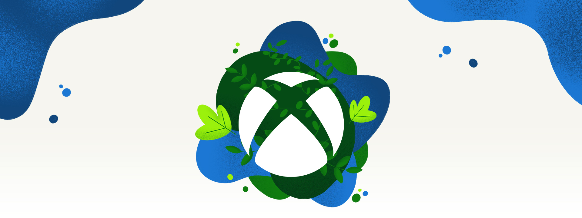 Logo Xbox otoczone jest roślinnością i rozbryzgami błękitnej wody.
