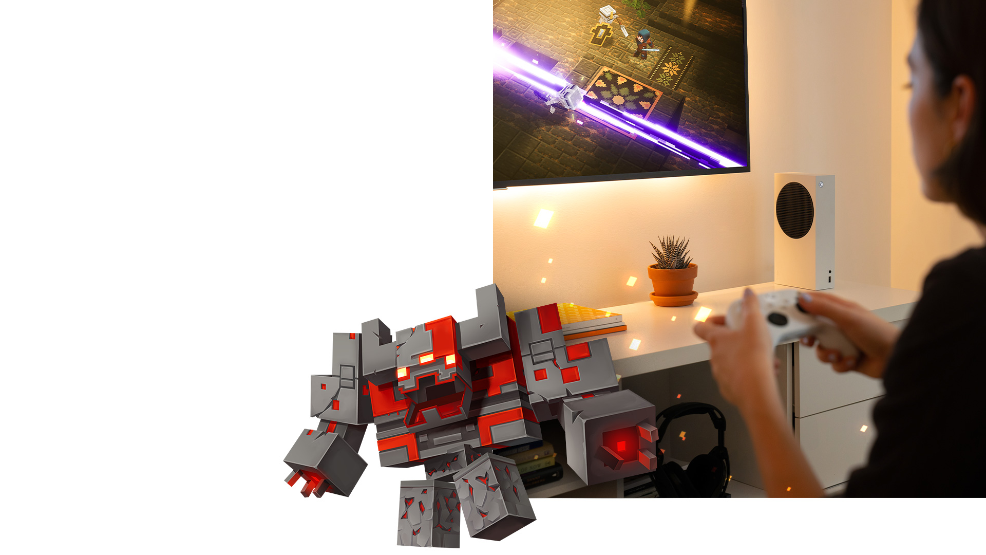 A person playing Minecraft Dungeons on an Xbox Series S with gameplay on the TV screen and Redstone Monstrosity popping out of the frame