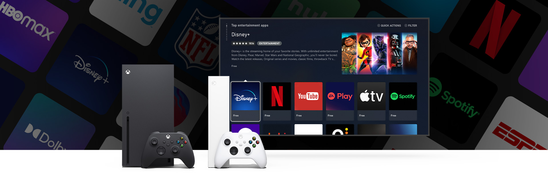 一個 Xbox Series X 和 Series S 與多個控制器擺放在顯示具有多個可用 App 使用者介面的電視螢幕前方。