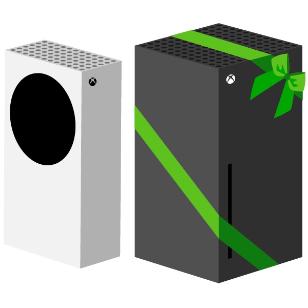 xbox series s and gift-wrapped xbox series x side by side