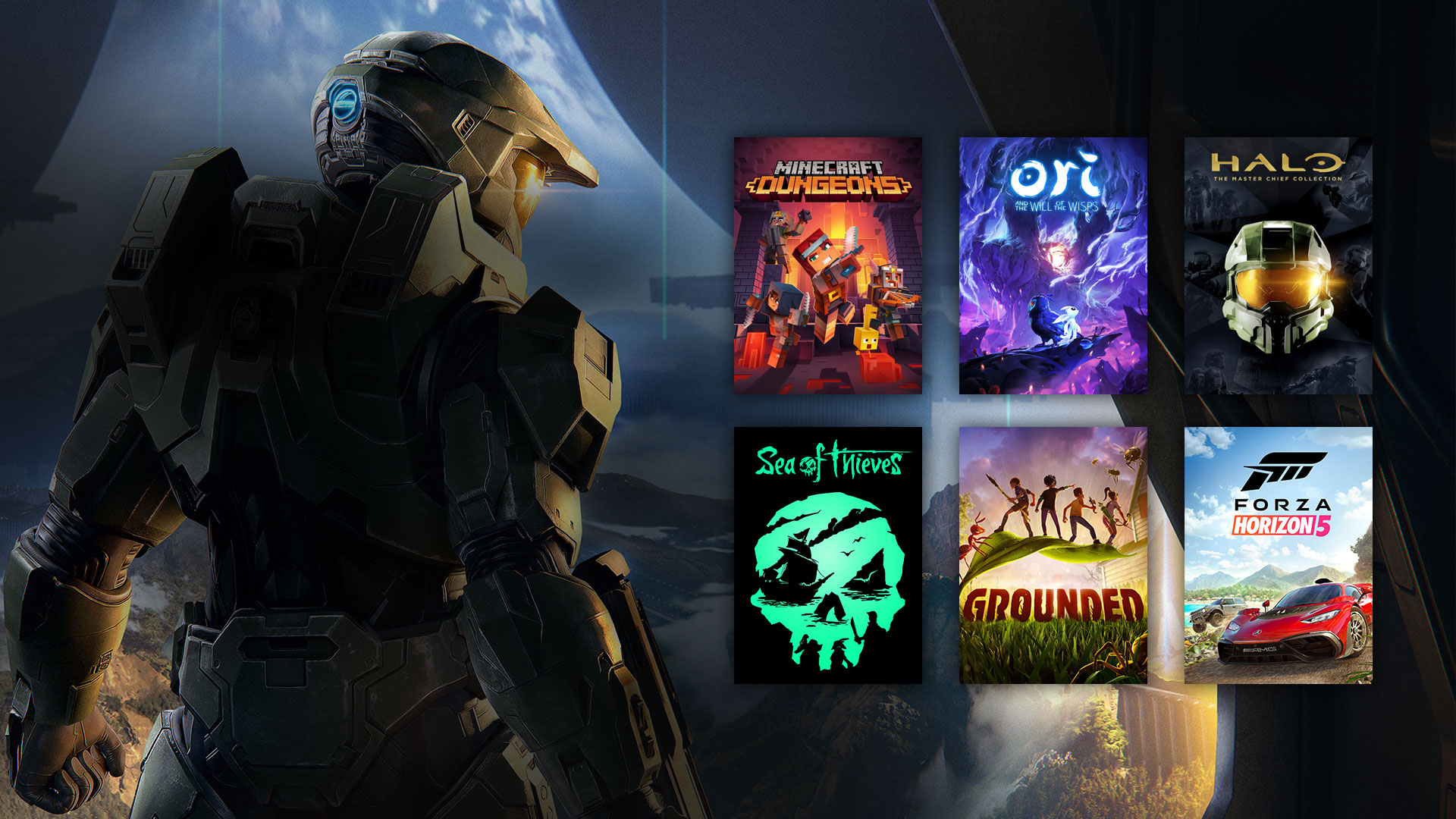 Master Chief standing next to a collection cover art for other games available with Xbox Game Pass.