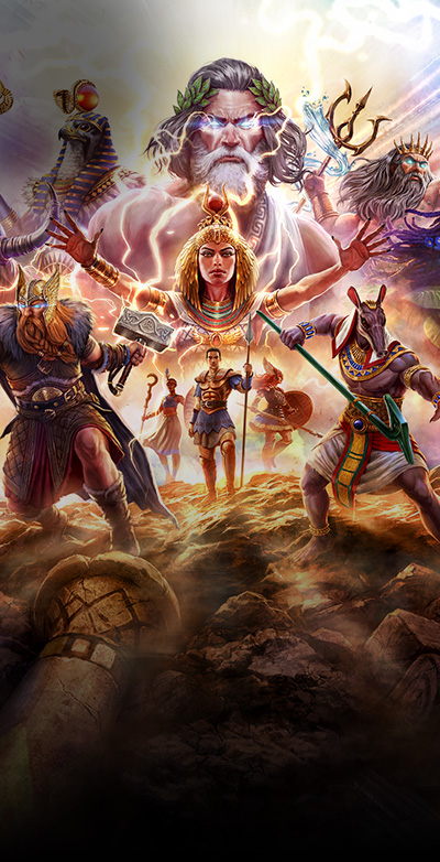 Logotipo de Age of Mythology: Retold, vários deuses e mitos descem do céu.