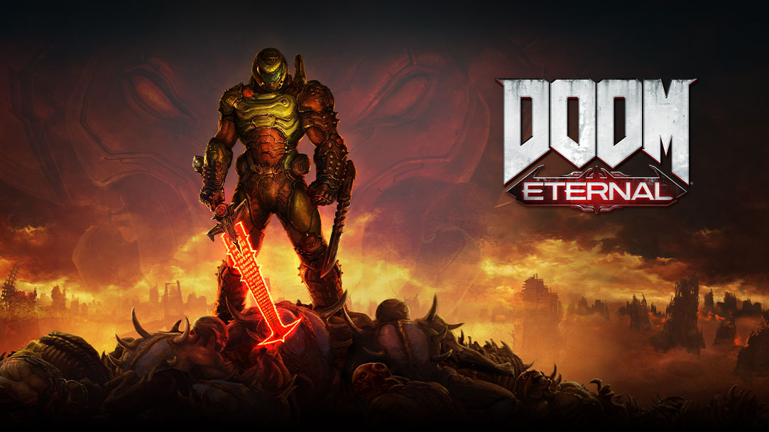 DOOM Eternal, En Slayer står på toppen af en bunke døde dæmoner med en røgfyldt by i baggrunden.