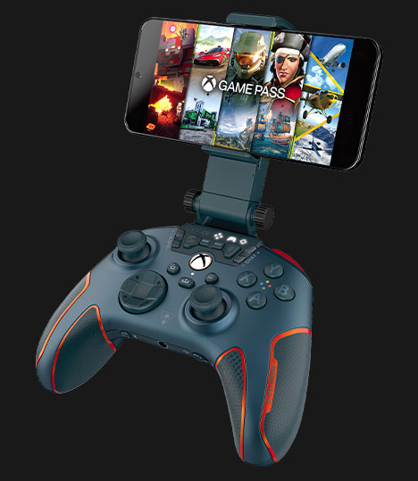 Front view of the Turtle Beach device plugged into controller with the Xbox game pass logo shown on a mobile screen.