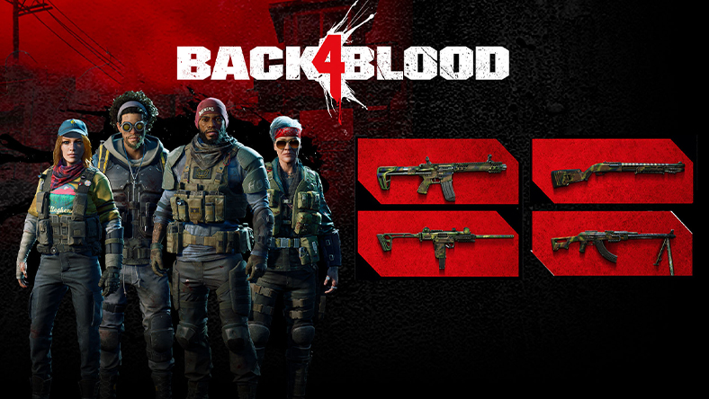 Back 4 Blood: Back 4 Blood logo with four game characters and four fire arms.