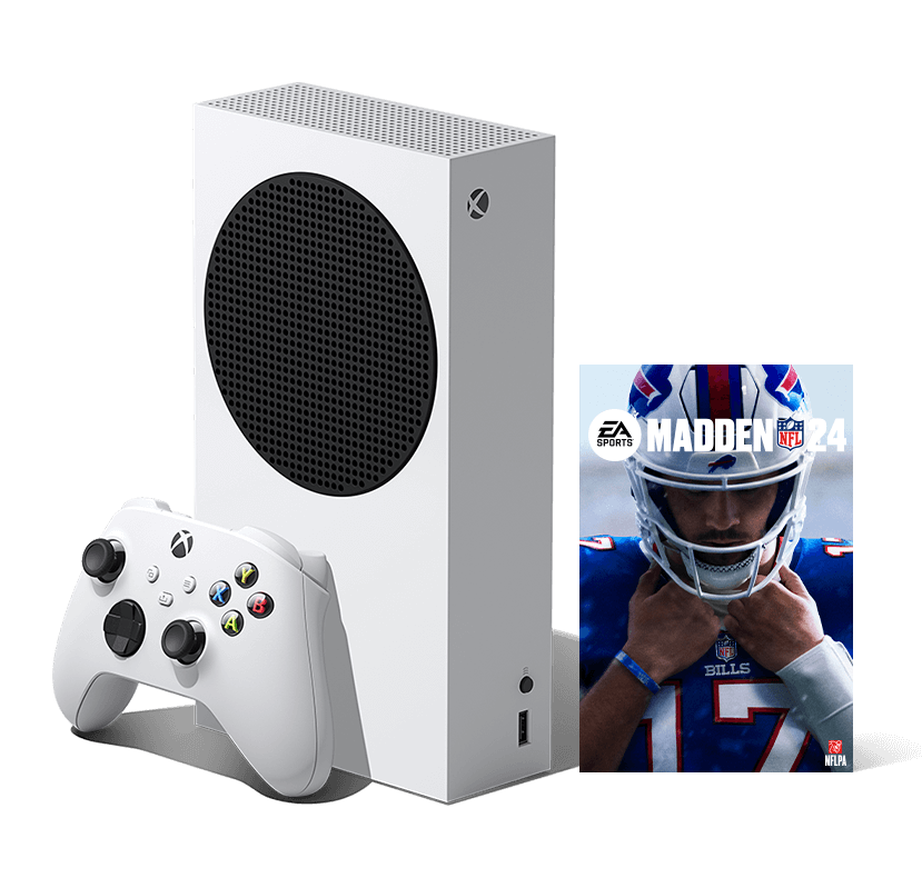 Xbox Series S con el Mando inalámbrico Xbox: blanco robot y la imagen de caja de Madden NFL 24