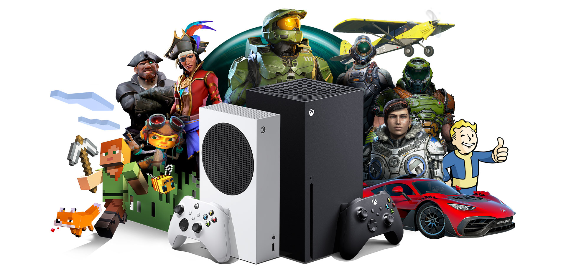 Xbox All Access, Xbox Series X und Xbox Series S mit Xbox-Spielcharakteren 