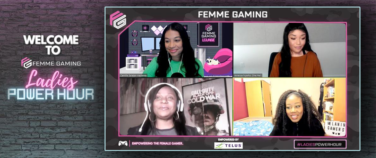 A preview of the Ladies Power Hour video, showing all 4 panelists alondside text, '
WELCOME TO FEMME GAMING LADIES POWER HOUR'