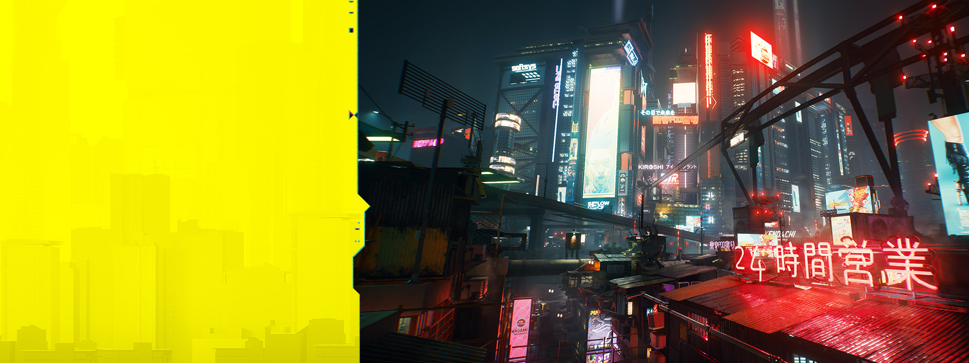 Die Neonschilder in Night City leuchten vor einer dunstigen nächtlichen Stadtkulisse.