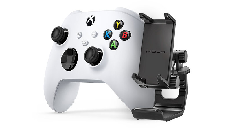 Powera Moga mobile game support with a white xbox wireless controller