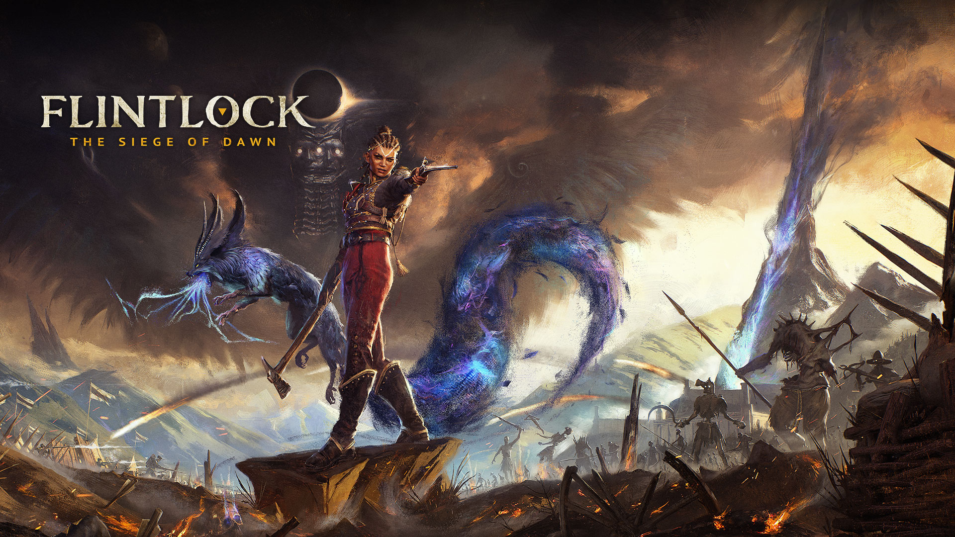 Logotipo de Flintlock the Siege of Dawn, Nor dispara uma pistola do estilo flintlock enquanto uma batalha ardente se desenrola atrás dela. 