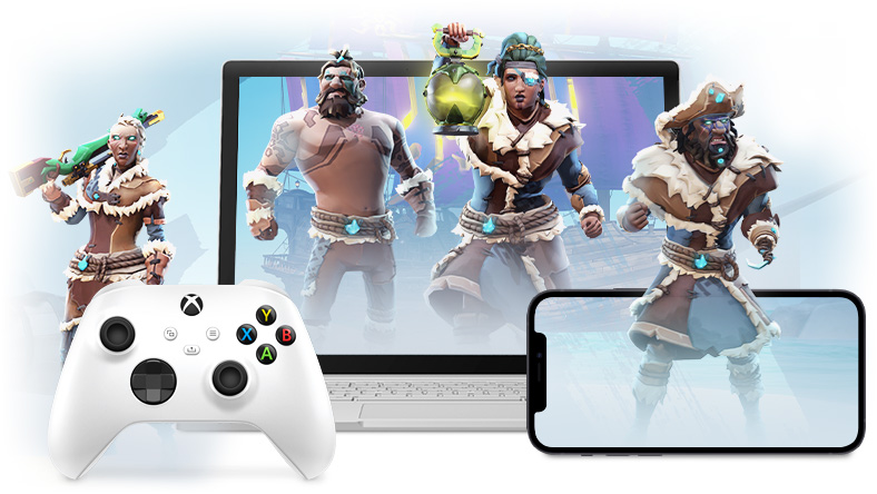Os piratas de Sea of Thieves emergem das telas de um Surface Book e de um telefone celular da Apple. Um controle sem fio Xbox está na frente do Surface Book.