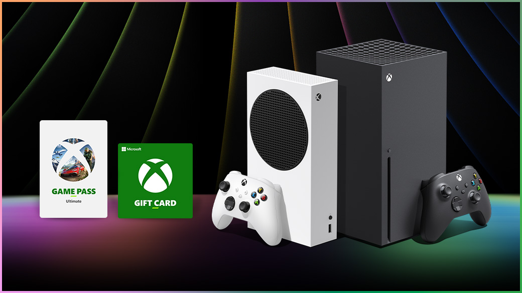 Una tarjeta Xbox Game Pass, tarjeta de regalo Xbox, Xbox Series S y Xbox Series X.