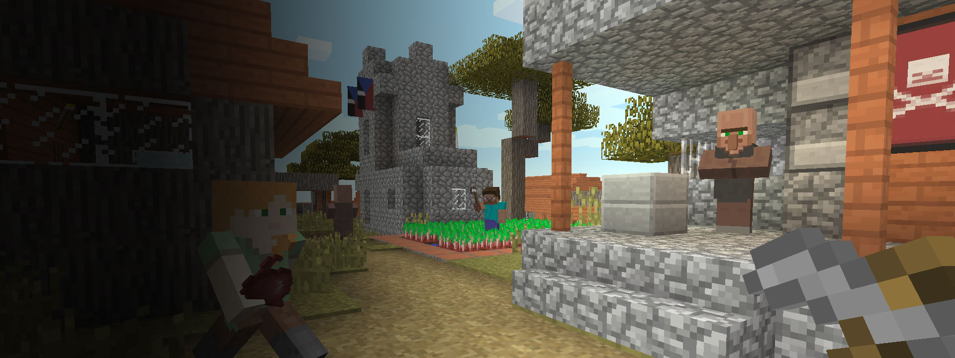Wiele domów i postacie Minecraft idące na pierwszym planie
