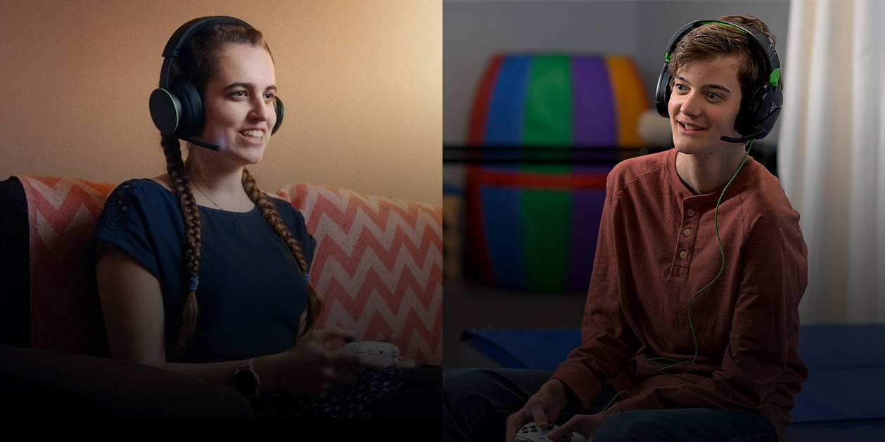 Male and female wearing headsets holding controllers in different rooms.