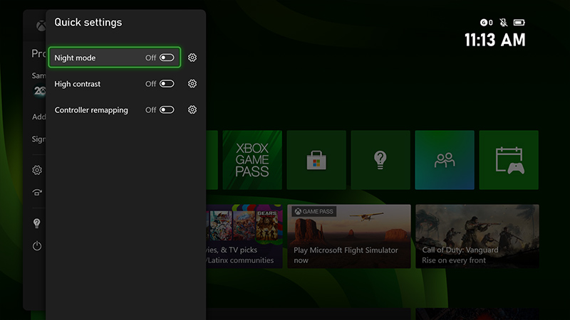 Captura de pantalla del menú de configuración rápida de Xbox.