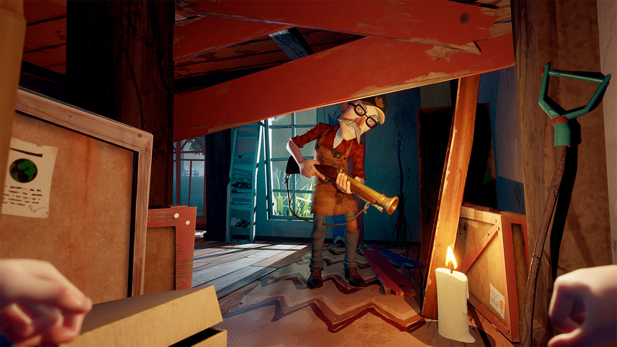 An old man with a shotgun leans down to look at the player.