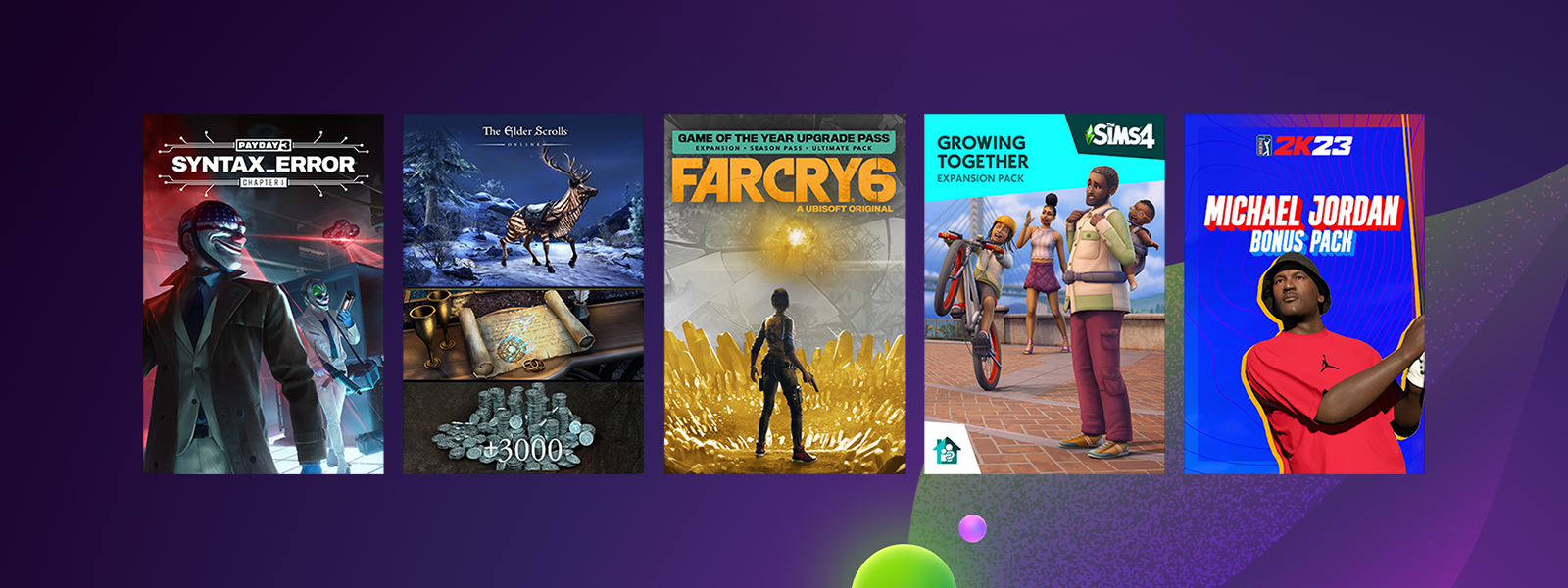 Box art from games included in the Beyond Spring Sale, including Payday 3: Chapter 1, The Elder Scrolls Online: The Hailcinder Mount Pack, and Far Cry® 6 Game of the Year Upgrade Pass.