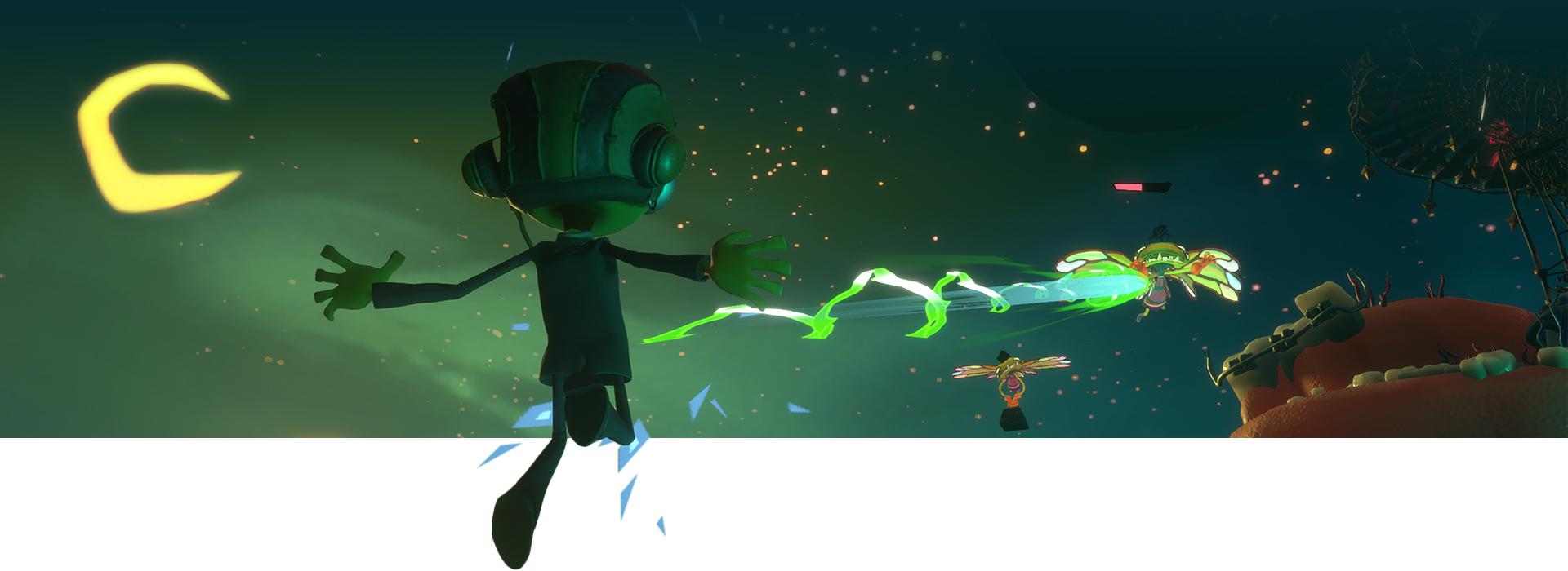 Raz flyger genom luften och avfyrar grönt mot en fiende med en natthimmel i bakgrunden.