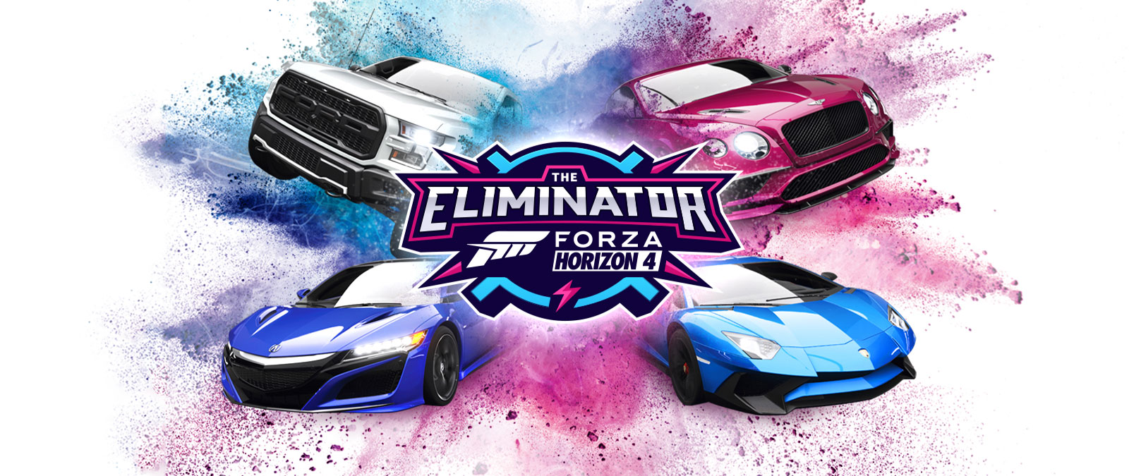 Tryb Eliminator, logo Forza Horizon 4, cztery samochody z niebieskim i różowym pyłem wokół nich