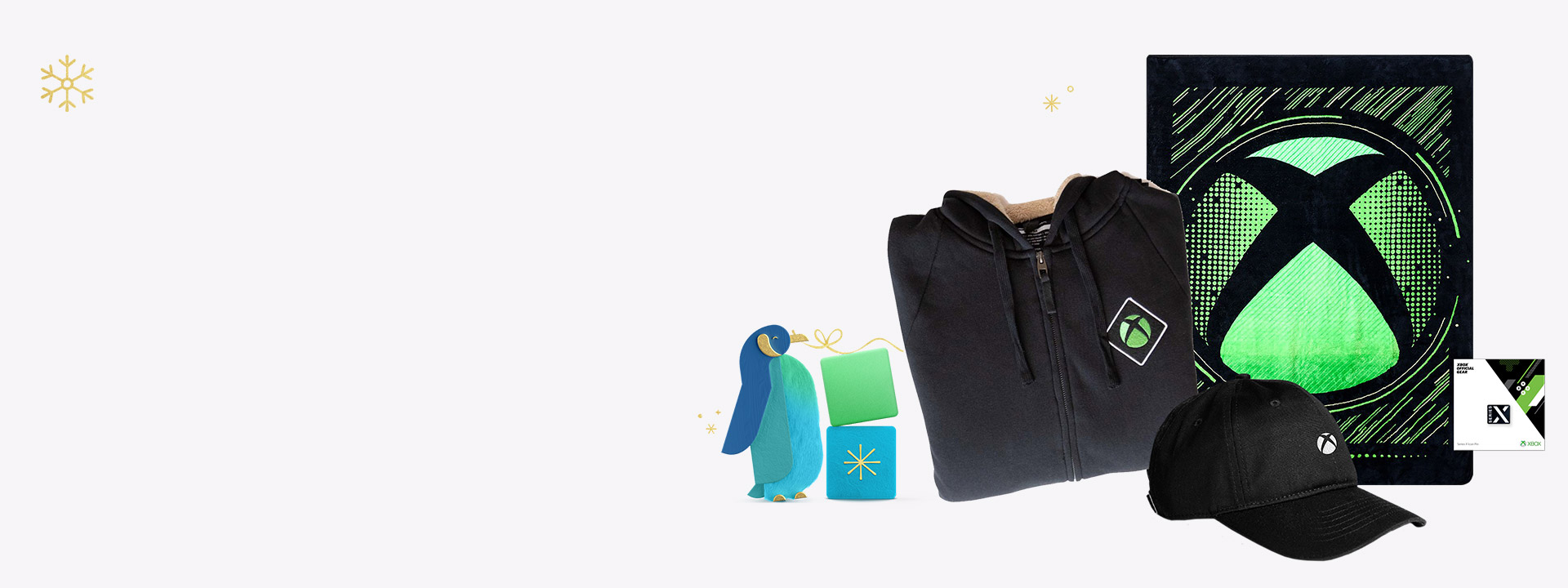 A collection of items available in the Xbox Gear Shop, including a hoodie and a baseball cap, against a holiday background.
