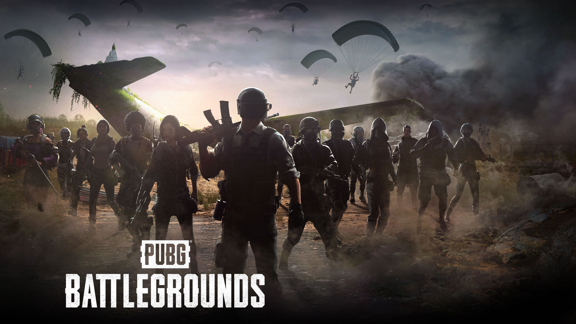 PUBG: Battlegrounds. Een groep spelers verzamelt zich rond een neergestort vliegtuig, terwijl anderen met parachutes landen.