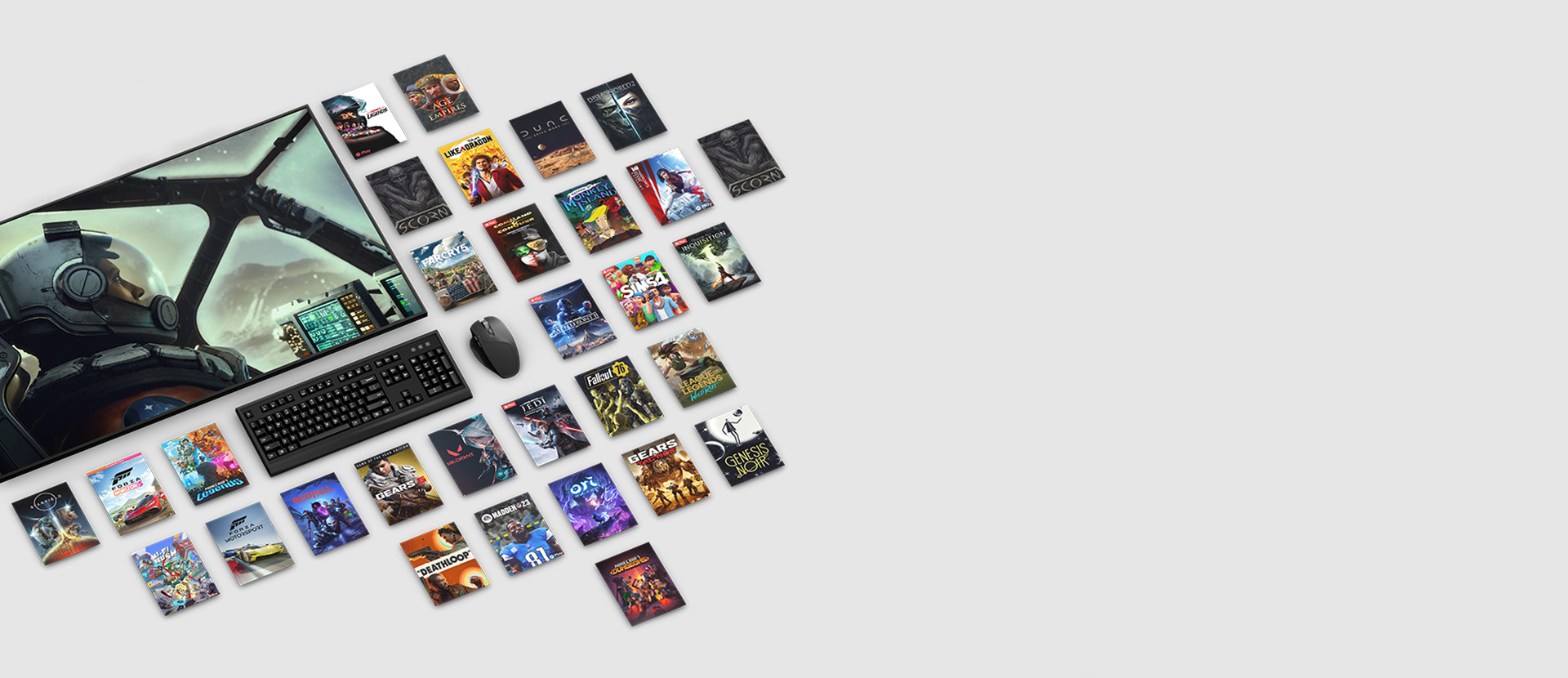 Imágenes de varios juegos disponibles con PC Game Pass Ultimate que rodean un monitor de PC, un teclado y un ratón.