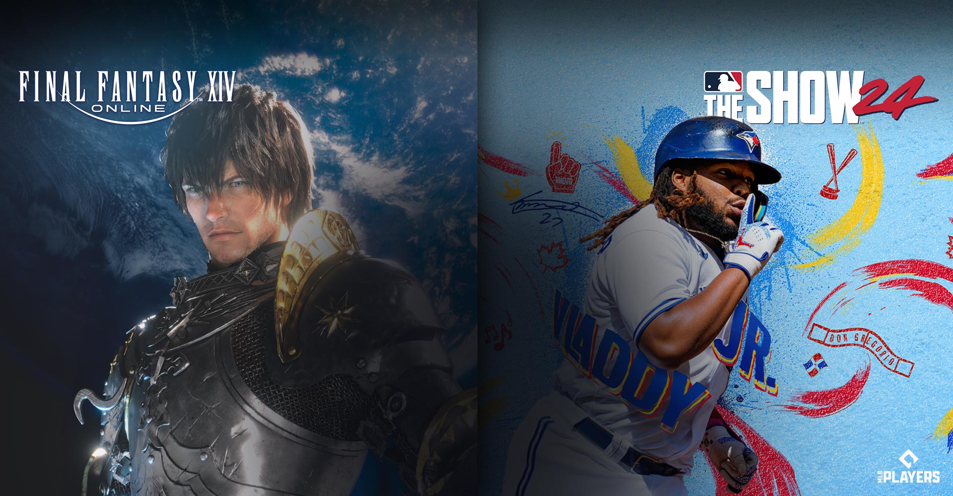 A character from Final Fantasy 14 Online standing in front of a blue planet, and Baseball player Vladdy Jr. holding his pointer finger to his mouth in a shushing motion.