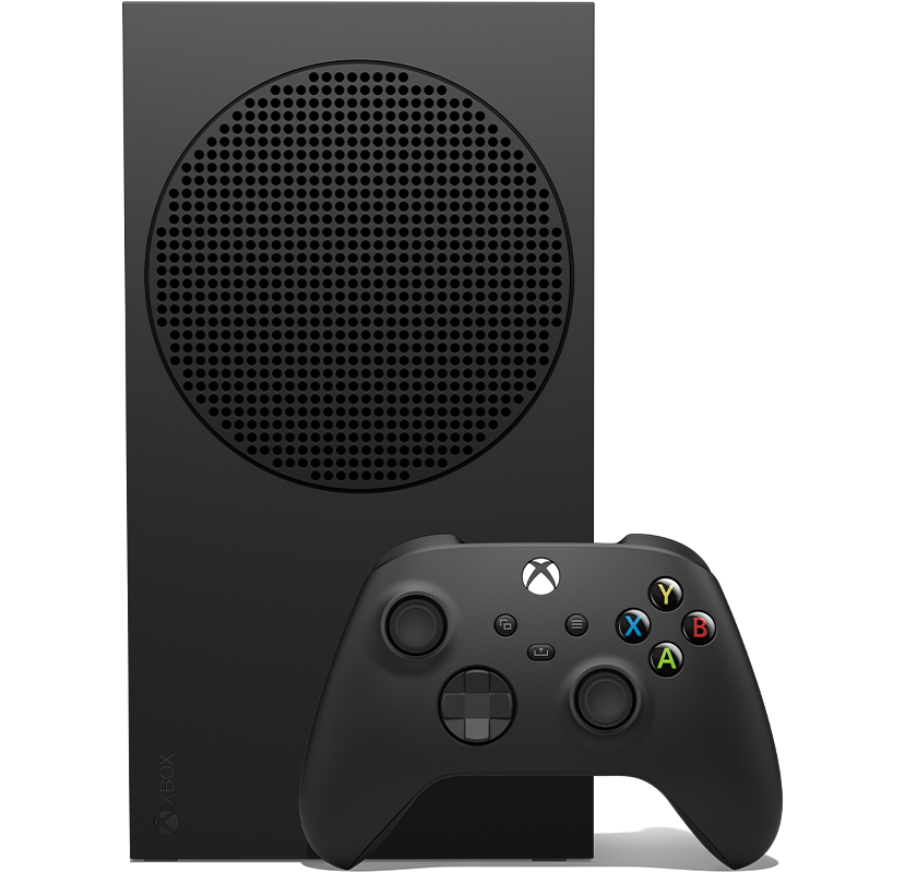 Front angle of the Xbox Series S with an Xbox wireless controller