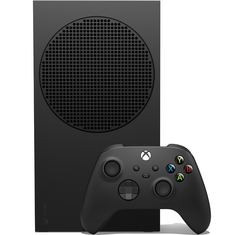 Front angle of the Xbox Series S with an Xbox wireless controller