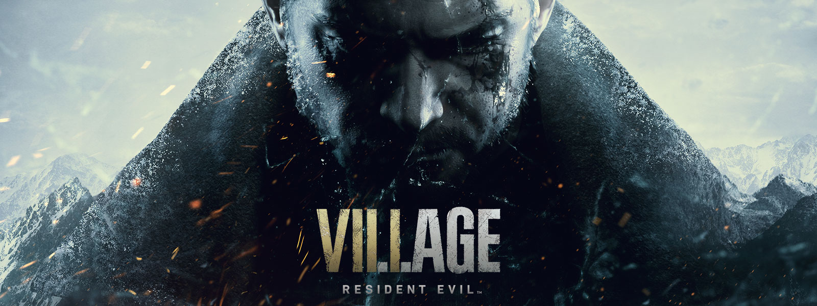 Resident Evil Village, zachmuřená tvář Chrise Redfielda, stylizovaná jako úbočí hory