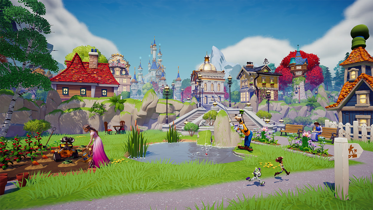 A thriving town on a sunny day with many Disney characters performing tasks.