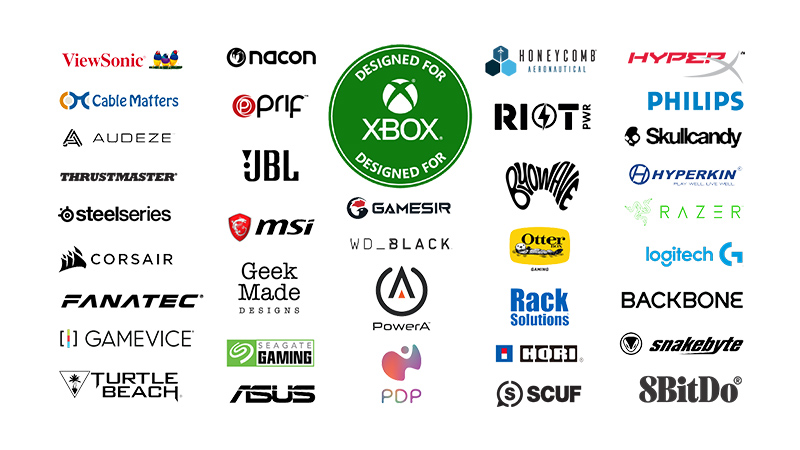 Numerous logos of companies that Xbox has partnered with to create accessories.