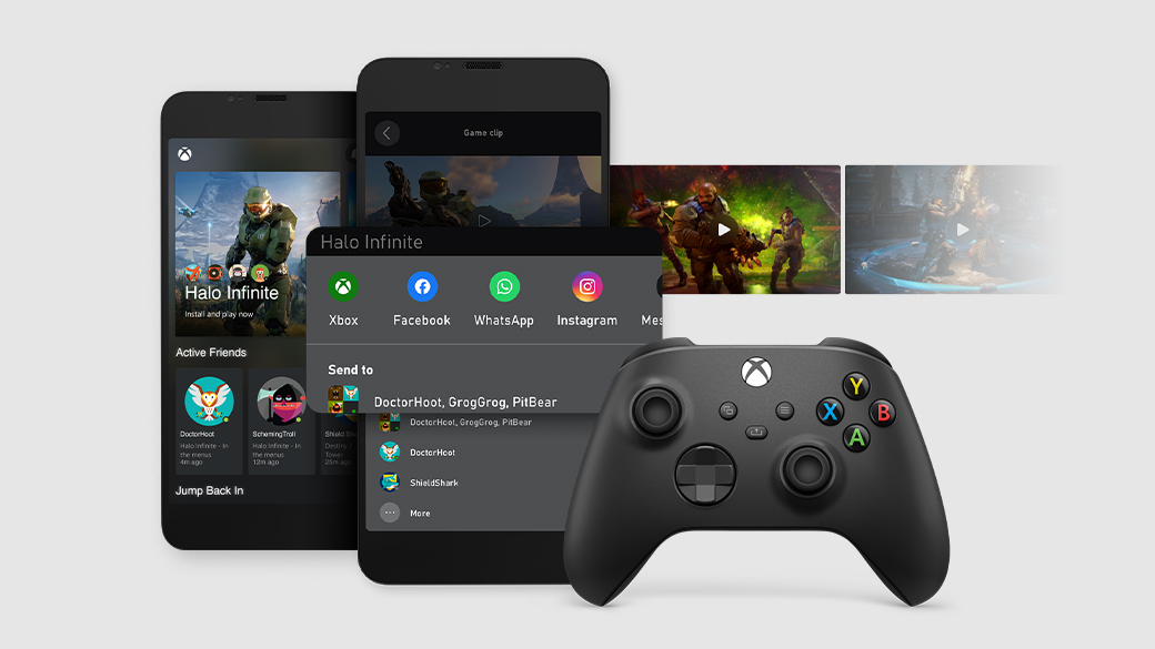 Két telefonképernyő az Xbox alkalmazás funkcióival, videobélyegképekkel és egy Xbox kontrollerrel.