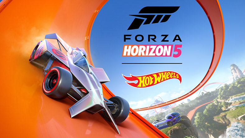 Forza Horizon 5: Hot Wheels. Een auto neemt een bocht op de oranje Hot Wheels-baan boven Mexico.