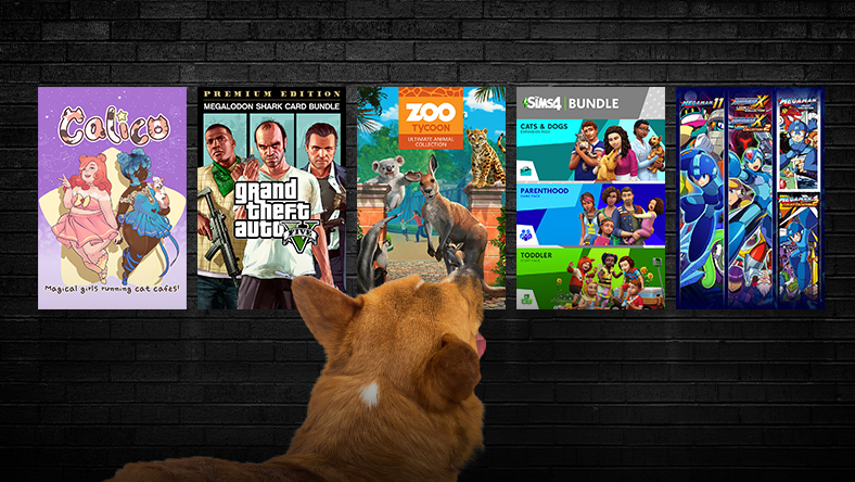 Box art from games that are part of Games With Pets Sale, including Calico, Zoo Tycoon: Ultimate Animal Collection, and The Sims 4 Bundle – Cats & Dogs, Parenthood, Toddler Stuff.