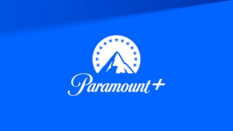Paramount+ logo, in white, on top of a bright blue background.