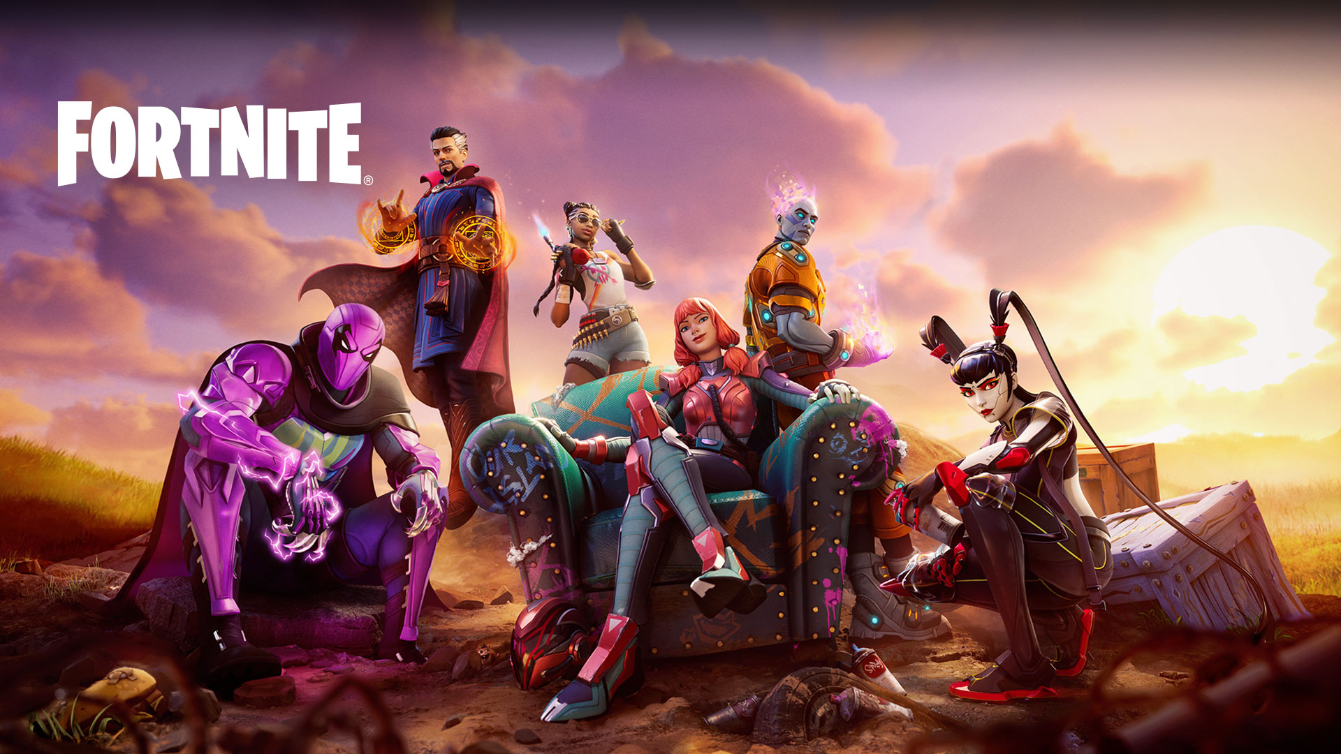 Fortnite, A group of characters, including Doctor Strange, gathers around broken furniture in a field.