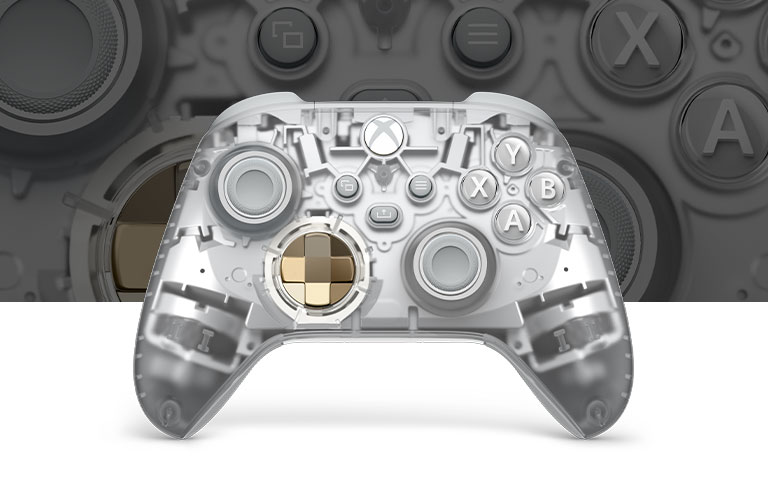 Ansicht des Xbox Wireless Controller – Ghost Cipher Special Edition von vorn mit Nahaufnahme im Hintergrund.