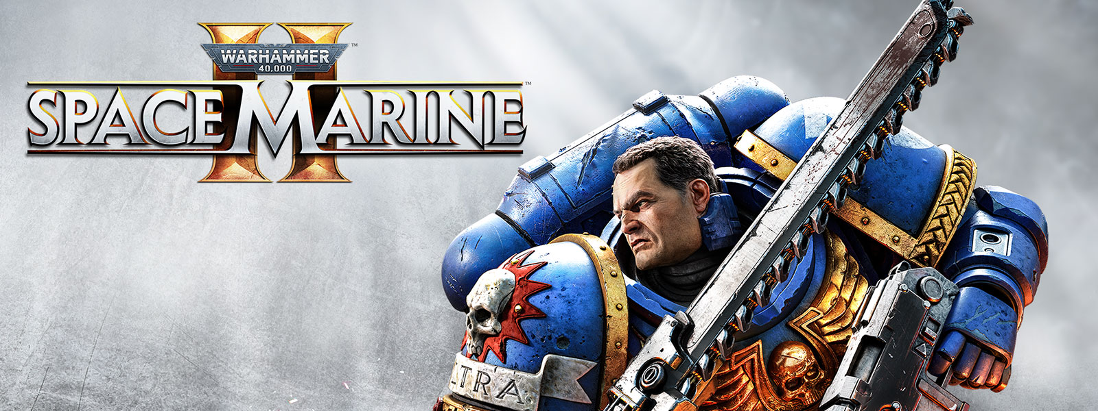 Logo de Warhammer 40,000 Space Marine 2. Un Space Marine en armure bleue tient une tronçonneuse et son arme.