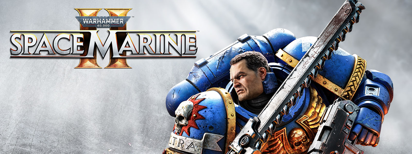 Warhammer 40,000 Space Marine 2 logo. A Space Marine in blue armour holds a chainsaw and his gun.