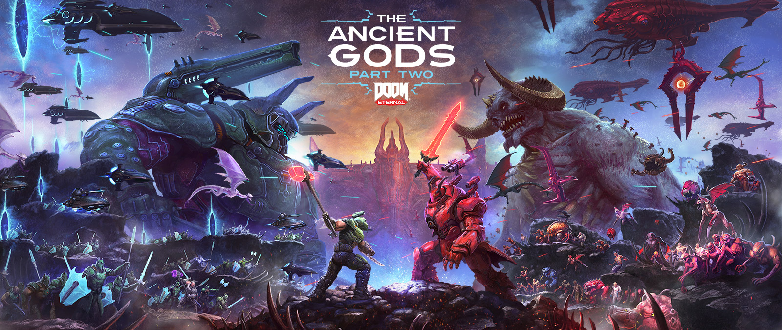 DOOM Eternal, The Ancient Gods Part Two, Uma batalha épica entre Slayers e Demons em uma paisagem rochosa do inferno. 