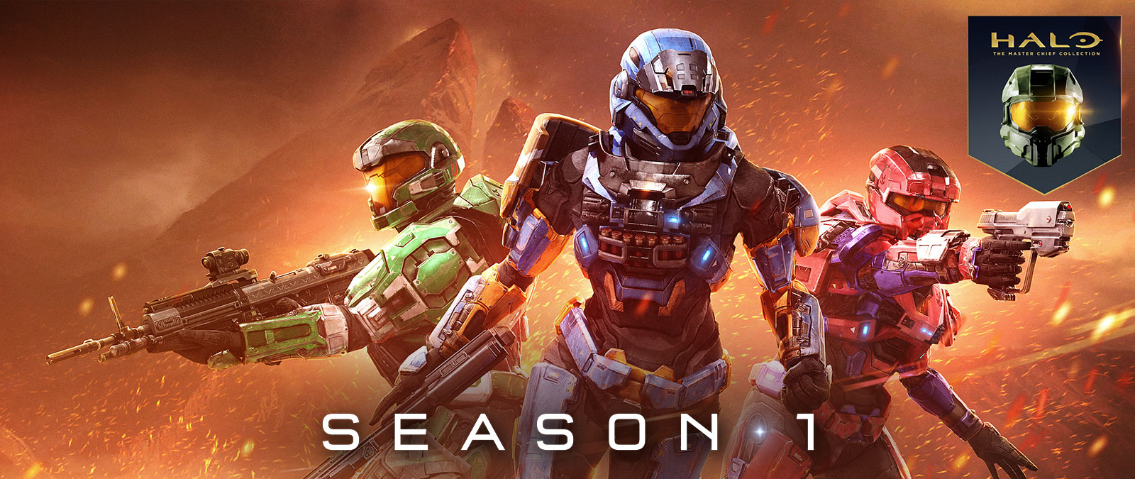 Halo: The Master Chief Collection, Staffel 1, 3 Charaktere aus Halo: Reach stehen zusammen in einer feurigen Landschaft