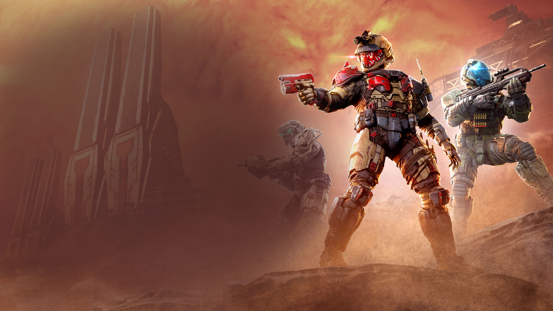 3 Spartans stand with weapons drawn on a battlefield