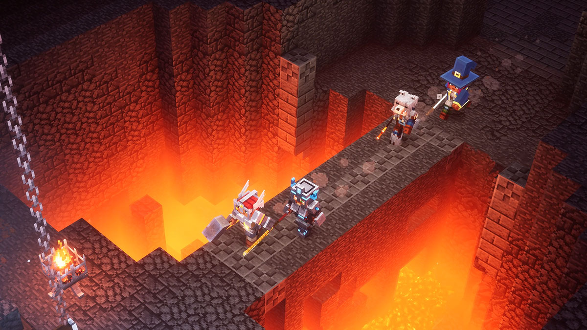 Minecraft Dungeons, un grupo de aventureros con armaduras camina por un puente.