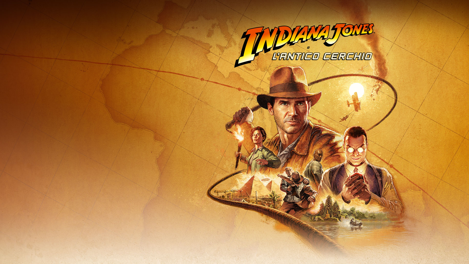 Indiana Jones e L'Antico Cerchio, un collage del dott. Jones, i suoi amici e nemici sovrapposti su una mappa del mondo color seppia.