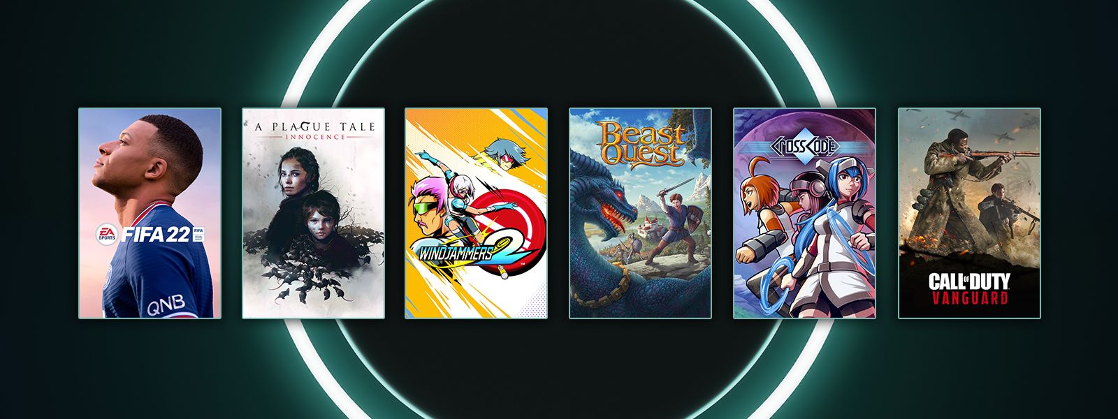 Box art from games that are part of the Publisher Spotlight Series Sale, including FIFA 22, A Plague Tale Innocence, Beast Quest, and Call of Duty Vanguard.